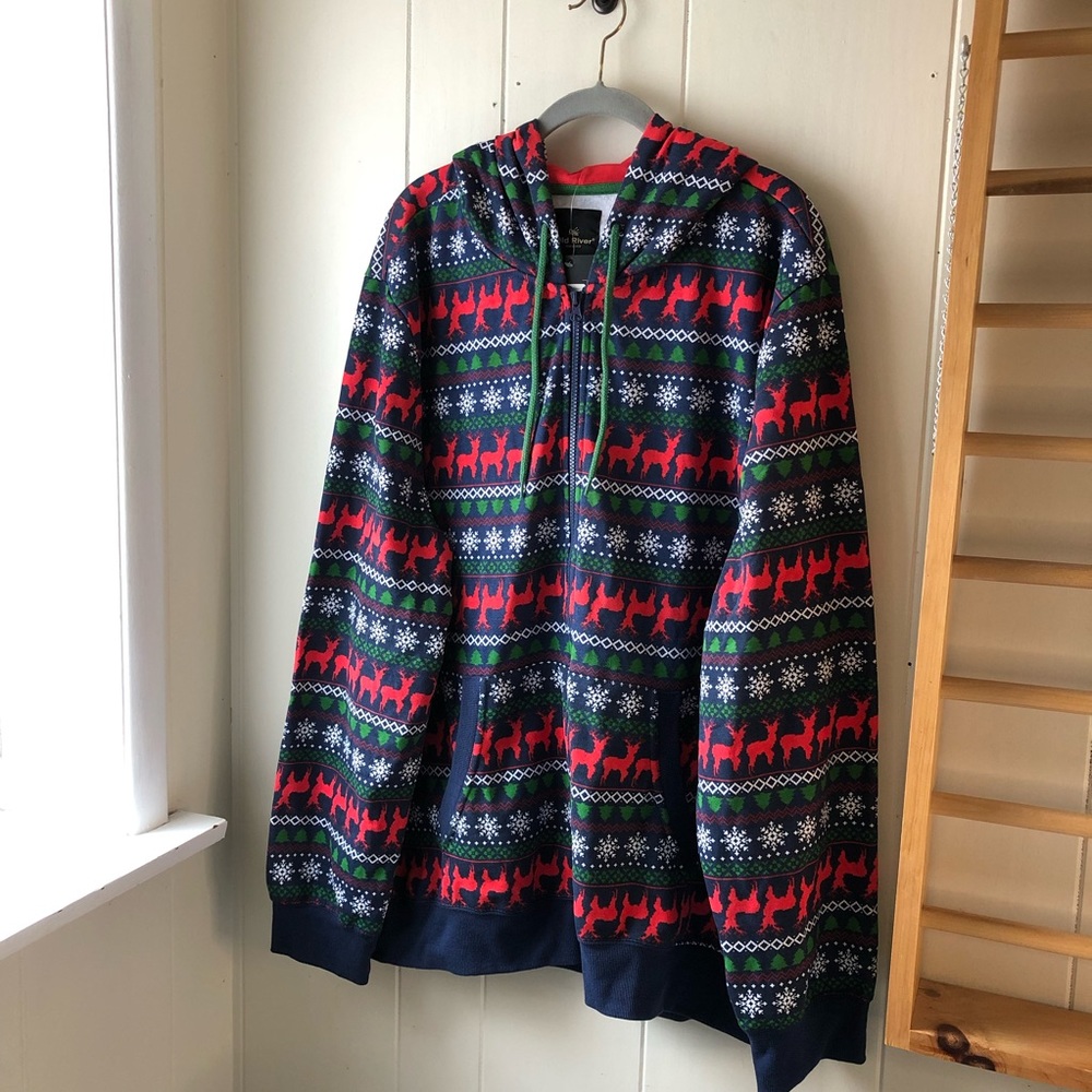 Old River Holiday Print on Red Unisex Zip Up Hoodie